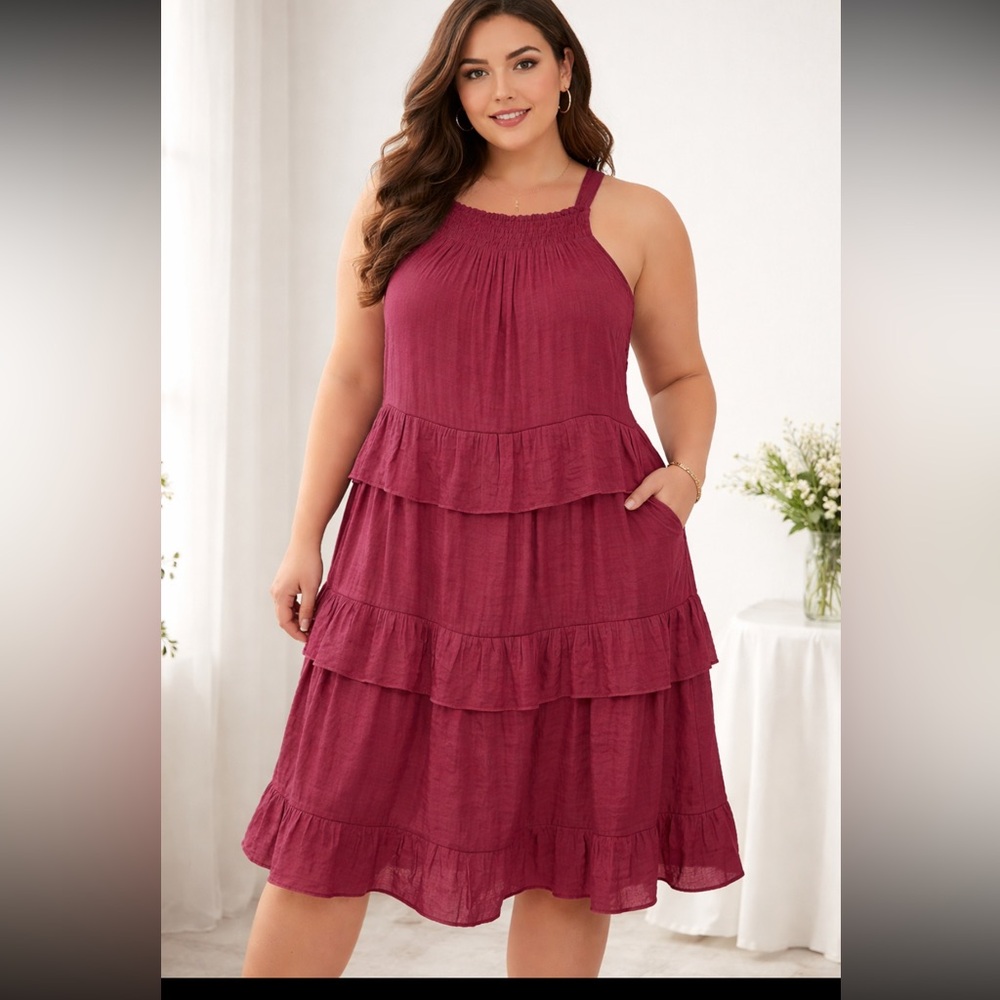 NWT GRACE + KARMA burgundy Ruffled Tiered Dress Size 2X boho midi romantic